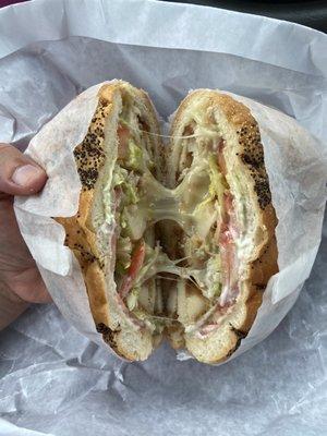 Chicken cutlet, Monterey Jack cheese, lettuce, tomato & Mayo. So good!