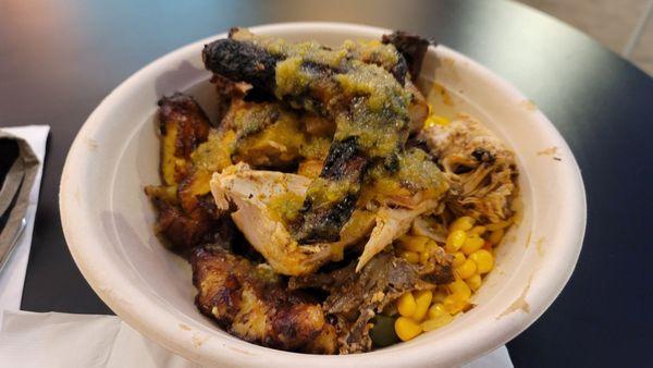 1/4 jerk chicken with plantains and corn