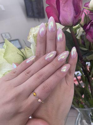 Perfect chrome acrylic overlay on natural nails