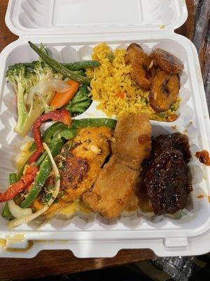 Caribbean rice, Plantains, Baked Salmon, fish, Honey Wings, steam veggies