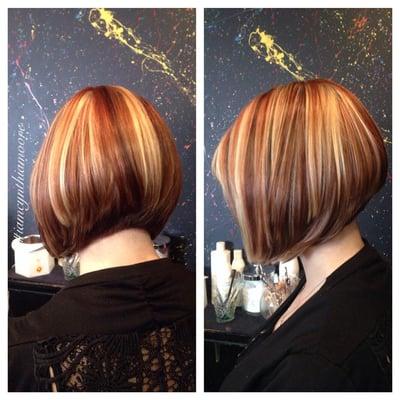 Beautiful A-line haircut with highlights and lowlights