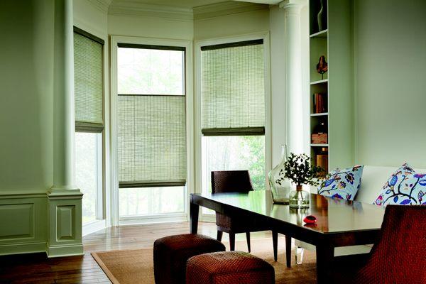 Top down - bottom up semi-sheer woven shades.  Provenance. PowerView Mortorization with Pebble remote or smartphone app. Fabric: Hacienda