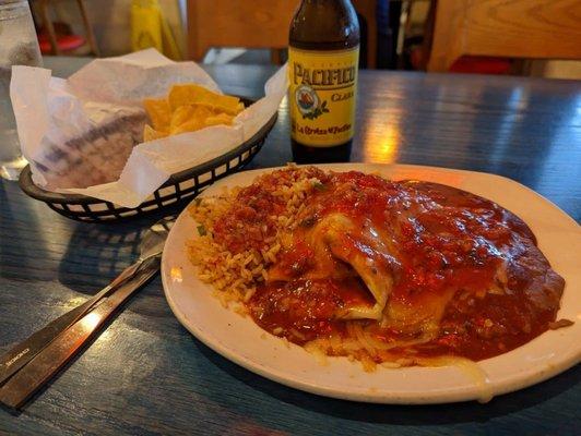 Jumbo Chicken Burrito Dinner with a Pacifico Beer. Yum.