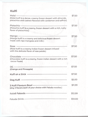 Kulfi Menu