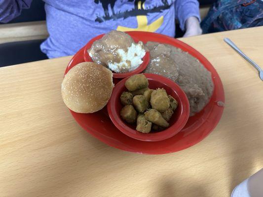 Cube Steak, Potatoes and Gravy and Okra