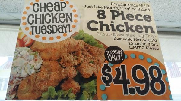 We are known for our fried chicken, especially on Tuesdays, when 8 pieces are $4.98