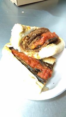 Tasty eggplant parmesan sub.