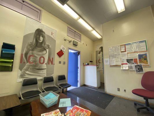 The waiting room area in Building 16 . The Cosmetology bldg is in middle of school