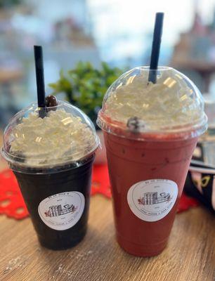 Charcoal latte & red velvet latte