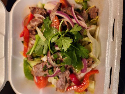 Beef Salad, supposedly "Thai Spicy." If you can spot any chilis let me know.