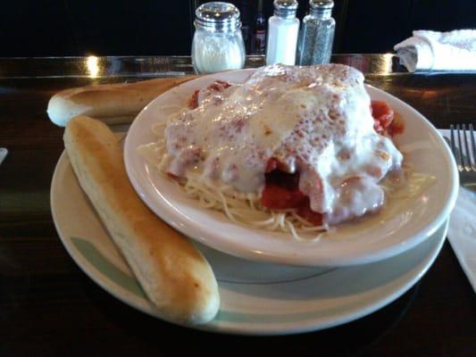 Chicken Parmesan over Angel Hair pasta. $8.50