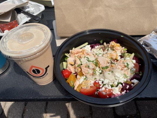 Peanut butter power smoothie and sababa salmon salad