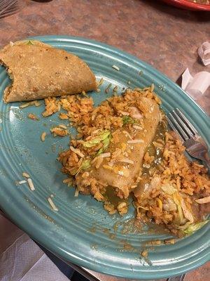 shredded beef tacos, green chili enchilada w/ rice and beans