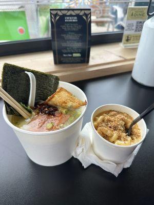 Salmon belly ramen and the Mac & cheese