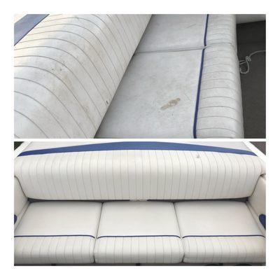 Interior detail on white boat seats.