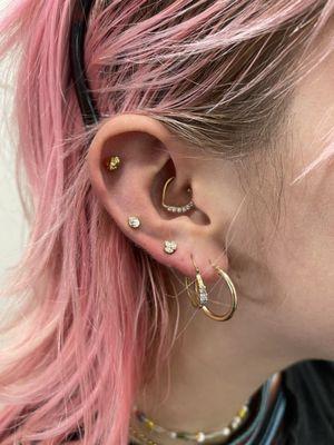 Top Helix Gold Bee, Mid Ear Gold CZ Tear Drop, 3rd Ear Piercing Gold CZ set Lotus & Daith Heart Gem'd Hoop! All EarStacked by Doll Face!