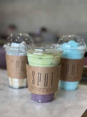 Black Sesame Latte, Blueberry Matcha Latte, and Cloud Smoothie