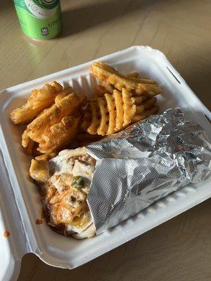 Spicy Philly chicken with seasoned waffle fries