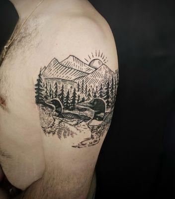 Nature tattoo. Landscape tattoo, loons