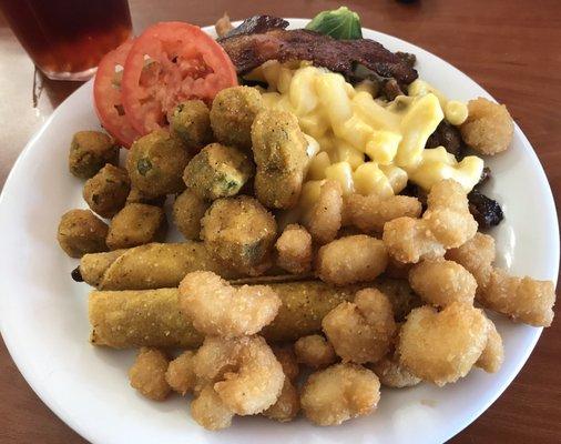 Taquitos, Fried Okra, Tomatoes, Mac&Cheese, Brussel Sprouts, Bacon and Popcorn Shrimp