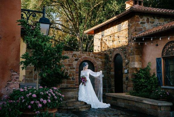 Wedding gown with custom shoulders and sleeves, and veil