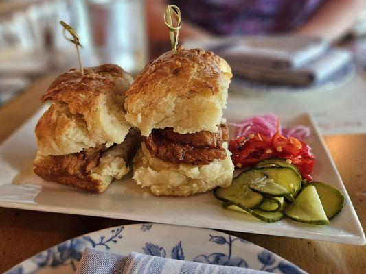 R&B biscuits with fried chicken and hot honey