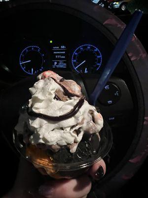 A "brownie hot fudge" sundae with tiger stripes ice cream