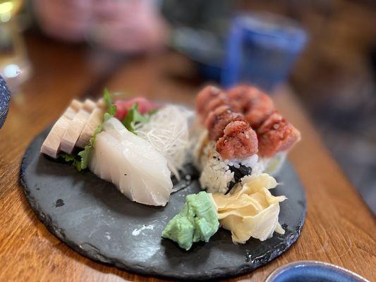 Tuna, albacore, halibut sashimi and Carmel roll