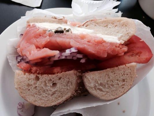 Lox and cream cheese bagel sandwich. Delish!!!