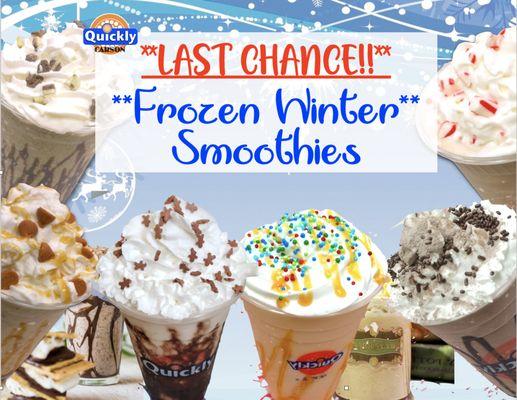 Get 20% OFF any FROZEN WINTER SMOOTHIE! It's the FINAL WEEK to try your favorite sweet treat! While supplies last! Valid 1/28/21 - 1/31/21