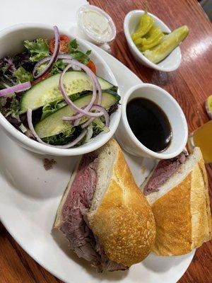 Roast Red Steer Beef French Dip with a side salad w/ ranch. Fire!