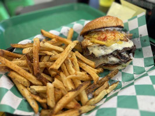 double cheese burger with fried egg