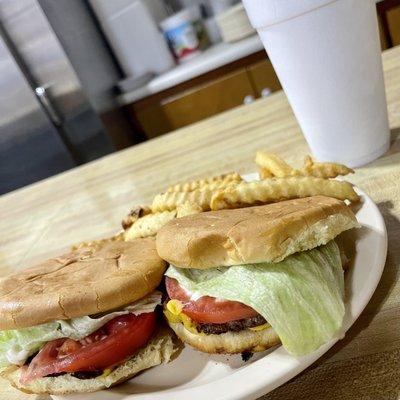 Cheeseburgers (lettuce, tomato and mayo) and French Fries.