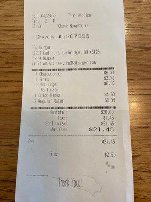 Bill for 2 burgers, basket of fries, basket of onion rings. (We almost always drink water!)