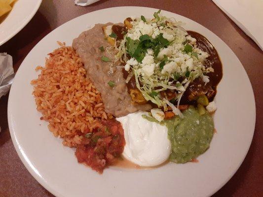 Vegetable enchilada w/ beans & rice; salsa, quac, sour cream on the side. They added lovely flavor combos to the dish.