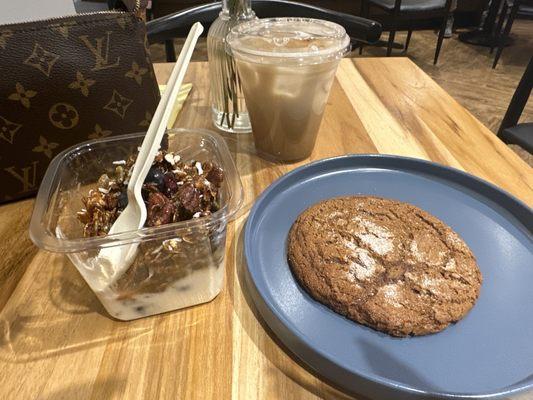 Yogurt Parfait, Gingerbread and molasses cookie, and Ice Chai latte