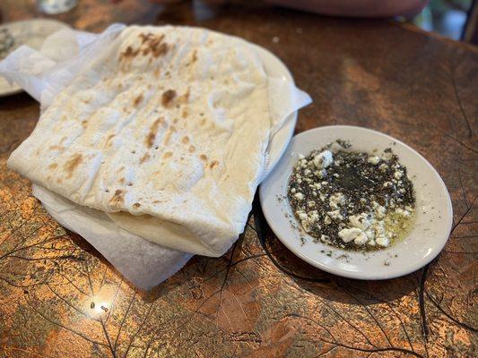 Complimentary flat bread and oil