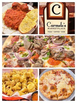 Comforting Spaghetti & Meatballs, Carmelo's Supreme, Calamari and Kids Cheese Pizza. #supportlocal @ Carmelo's-St. Augustine.