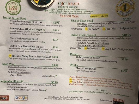 Spice Kraft menu