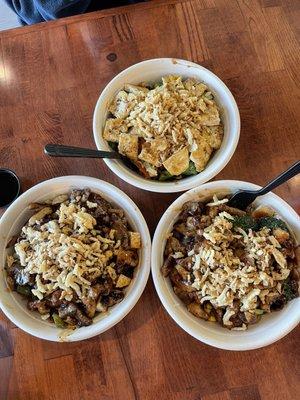 Bowls: tofu $9.75; chicken $11.50; chicken and beef $11.95.  All delicious.