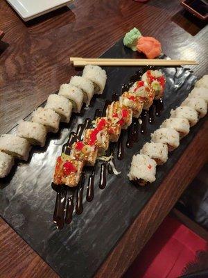 Left to right. Cali roll, Kamakazi roll, spicy tuna roll