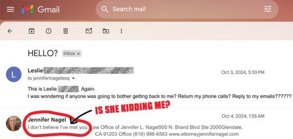 The longest email I received from the very unprofessional lawyer, Jennifer Nagel.