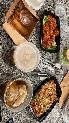 Orange Chicken, Chicken Drunken Noodle, Gyoza Soup, Miso Soup, Japanese Spring Roll(4)