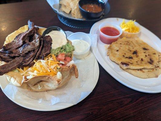 Steak Tortilla Salad & Pupusa w/ pork & cheese