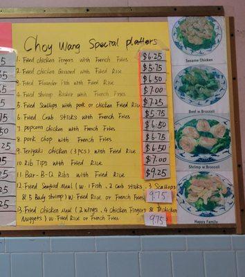 Menu board for Choy Wrong special platters