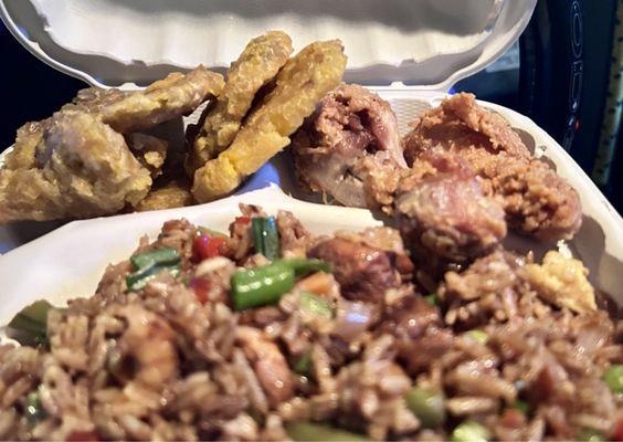 Fried chicken plate 17.00 2 small chicken legs tostones and house special fried rice (Chaufa Chifa Chaulafan)