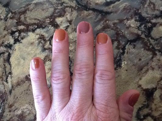 Gel manicure chipped in one day. Chris fixed it and could not match her own color. This is her idea of fixed. Unacceptable