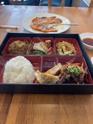 Spicy short rib bento box and kimchi pancake.