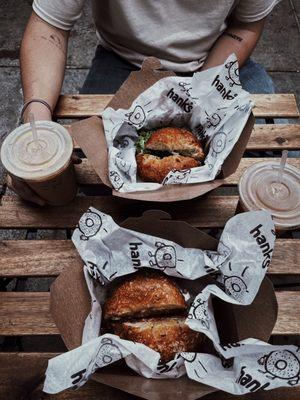 mine: #1 on a rosemary sea salt bagel with maple-glazed bacon. his: #7 on an everything bagel.