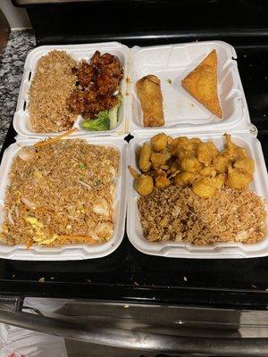 Shrimp fried rice,  orange chicken, sweet & sour pork,  egg roll, and Rangon wonton